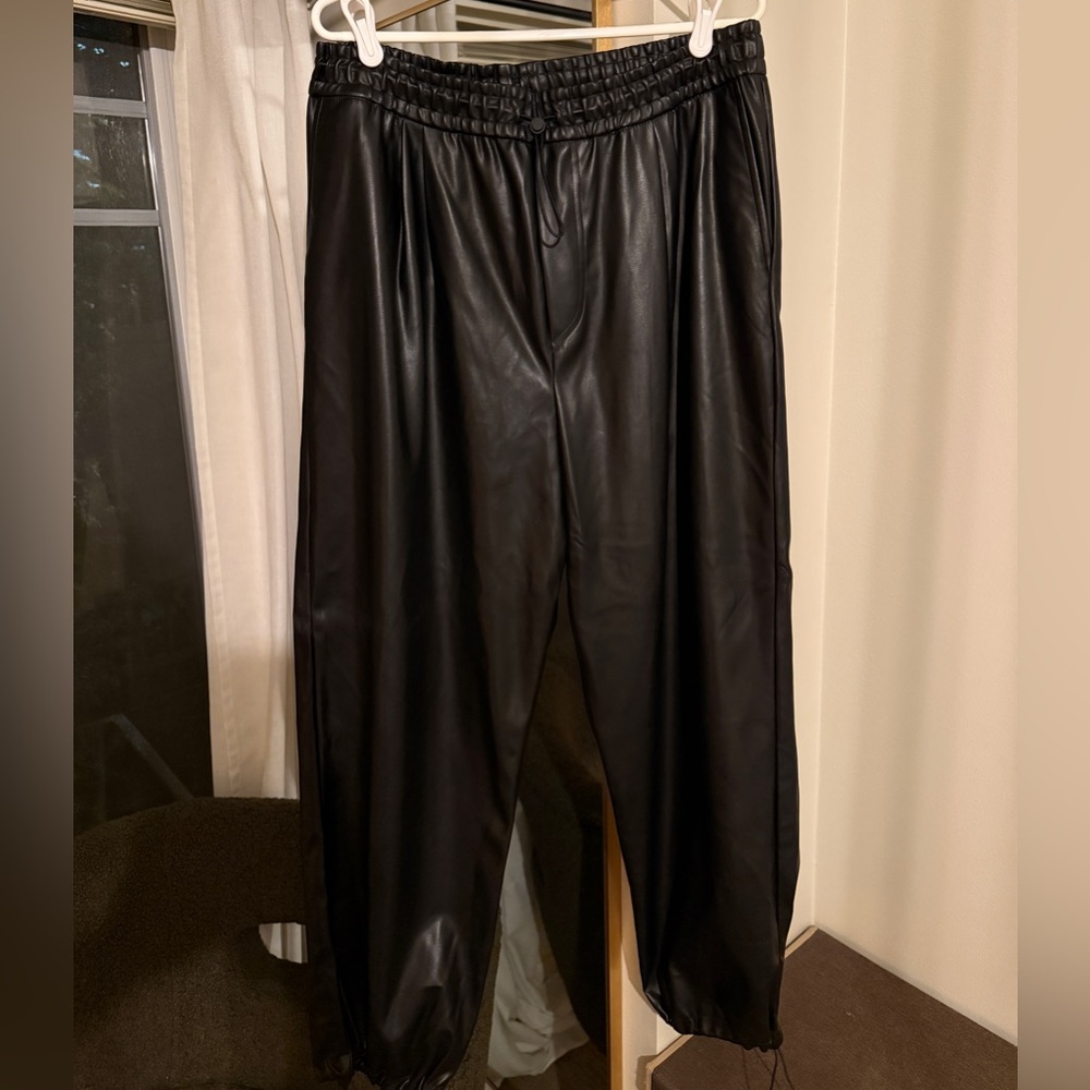 Black vegan leather joggers with adjustable waistband